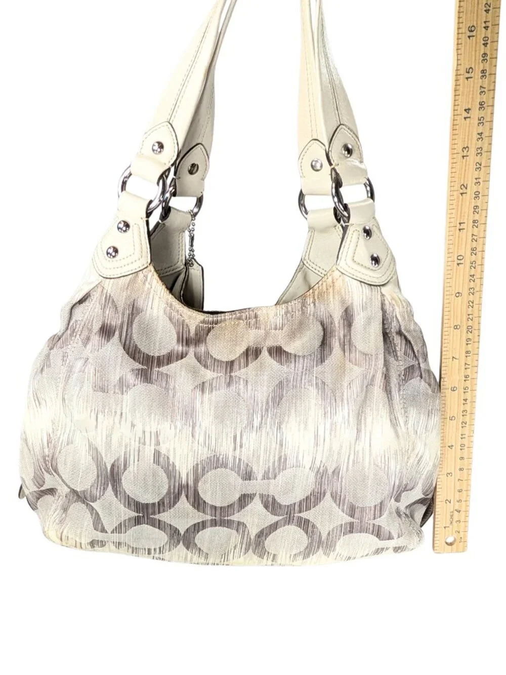 Coach Madison Op Art Ikat Maggie Ivory Gray Jacquard Leather Shoulder Bag READ